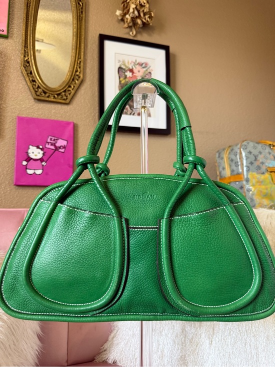Hogan Handbags - HOGAN Kelly Green Leather Dome Satchel Bag w Knots &Loop Details Silver Hardware